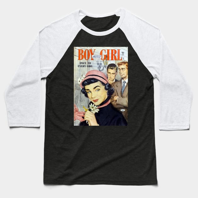 Vintage Romance Comic Book Cover - Boy Meets Girl Baseball T-Shirt by Slightly Unhinged